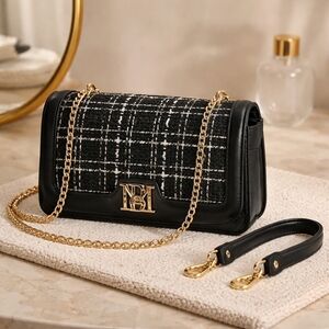 Badgley Mischka Black & White Tweed Crossbody with Gold Hardware